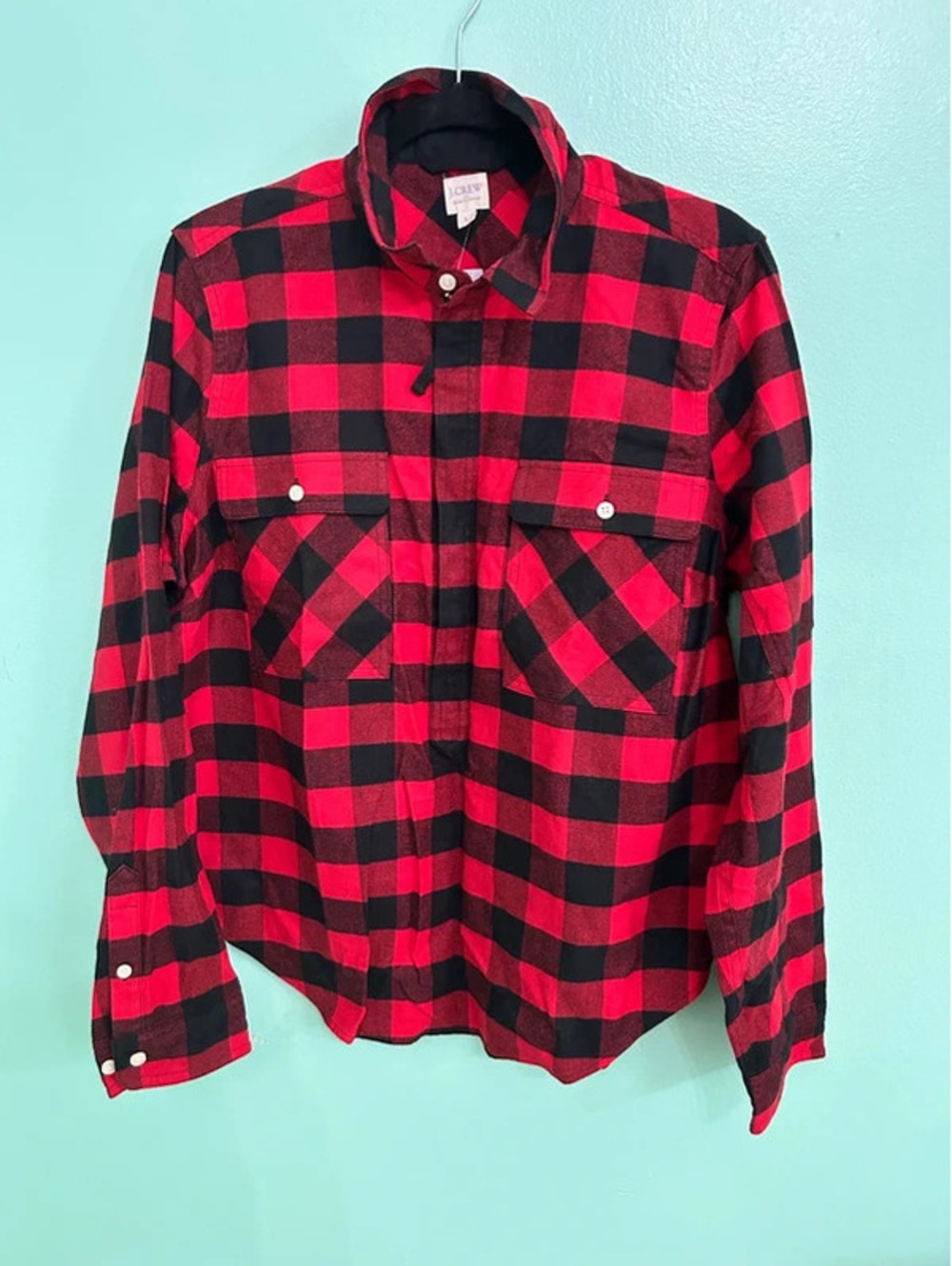 J Crew Size Large Shacket Flannel Buffalo Plaid Pullover 3/4 Zip #42